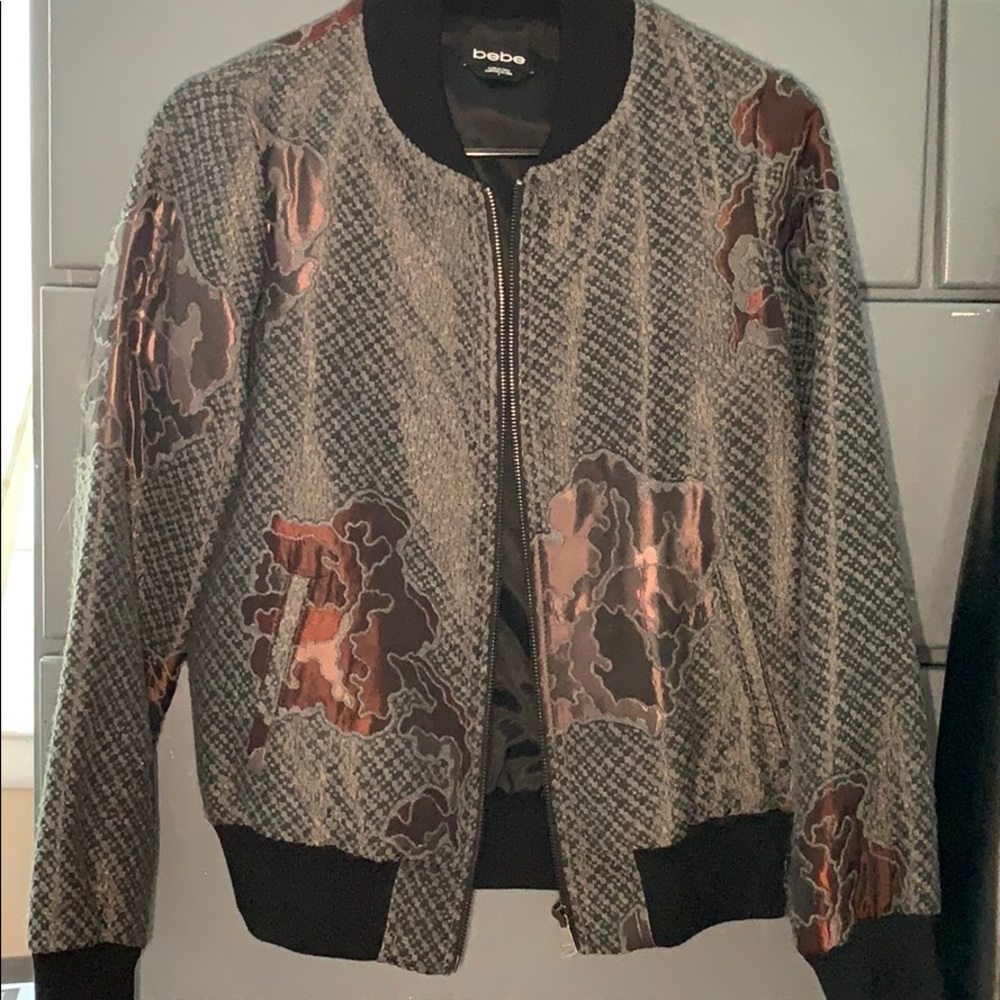 Gray Floral Bebe bomber jacket